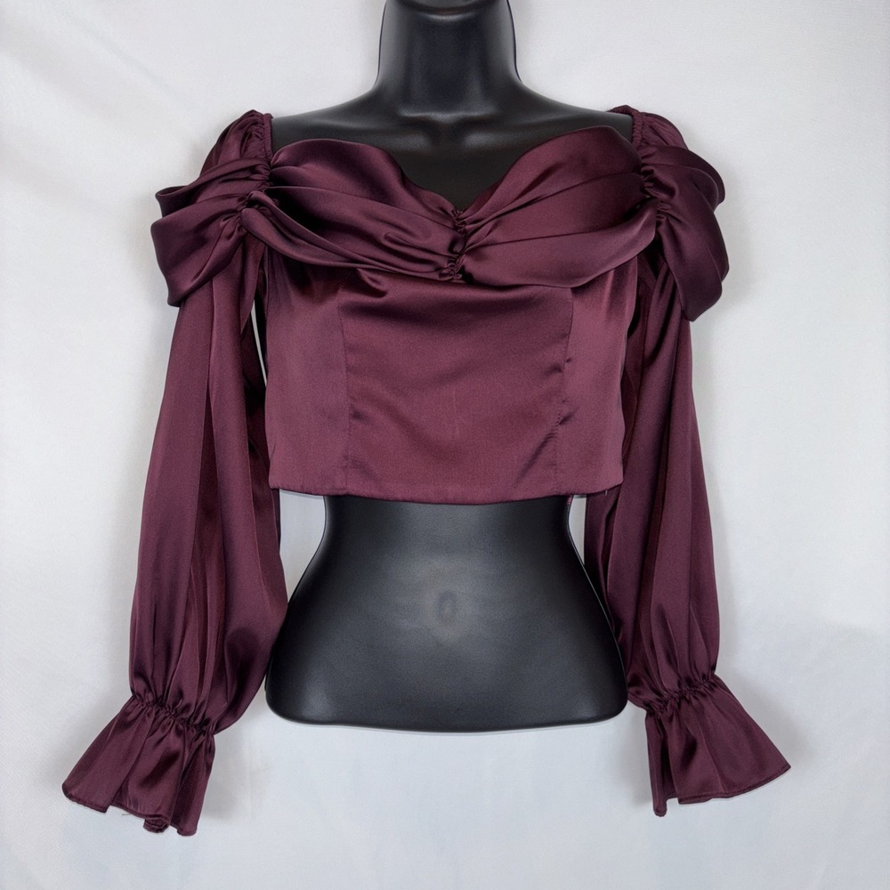 Fore Dark Purple Off The Shoulder Ruched Neckline Satin Crop Blouse Women's S